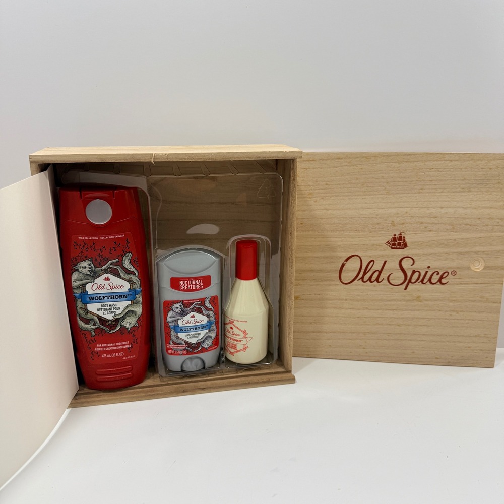 Old Spice Wolfthorn Gift Set Mens OS Red New Wooden Box Body Wash Deodorant